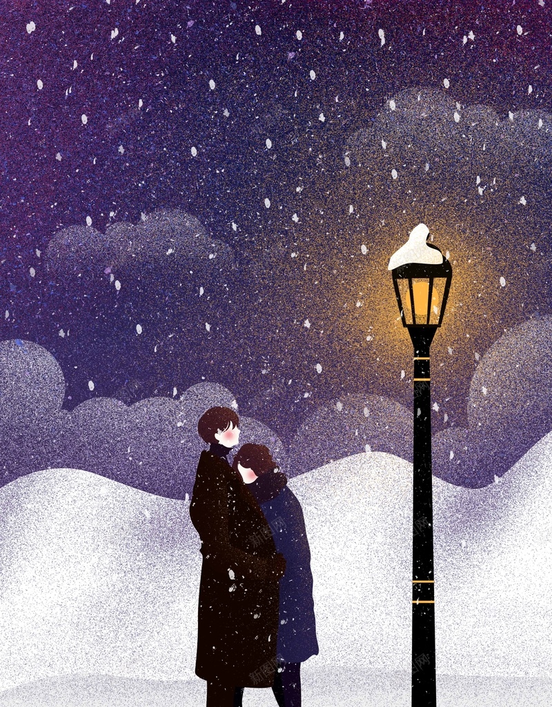 夜晚雪景紫色手绘插画背景psd设计背景_88icon https://88icon.com 卡通 夜晚 情侣 手绘 插画 简约背景 紫色背景 路灯 雪景 雪花