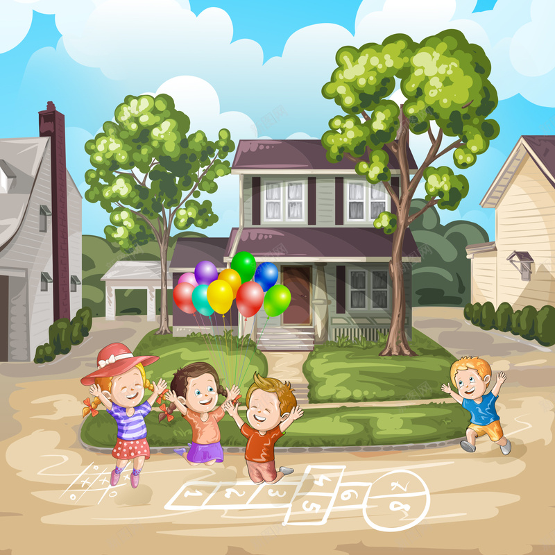 孩子们的游戏矢量图ai设计背景_88icon https://88icon.com 云朵 卡通 女孩 孩子 房屋 手绘 气球束 游戏 男孩 童趣 跳房子欢乐 矢量图