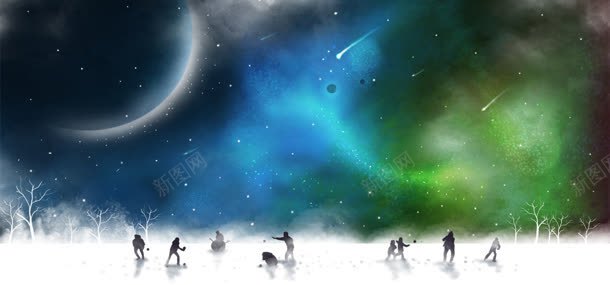 星空下的雪地和人插画psd分层背景bannerjpg设计背景_88icon https://88icon.com 星空下的雪地和人剪影流星月亮雪树