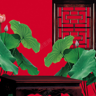古典荷叶木桌中国风背景图背景