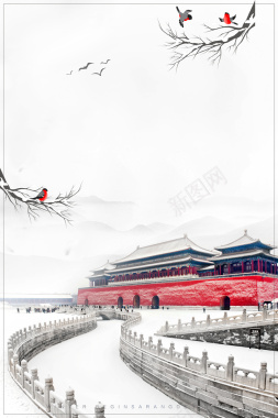 简约冬季雪景故宫旅游海报背景背景