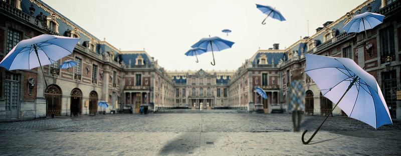 城市街头雨伞banner背景