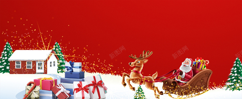 圣诞节拉雪橇卡通简约红色banner背景