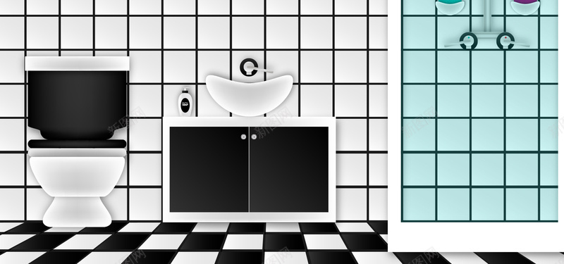 淘宝矢量家居时尚黑白拼色浴室水槽海报背景背景
