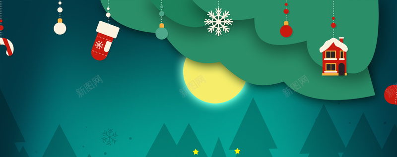 卡通圣诞节礼盒绿色月亮banner背景