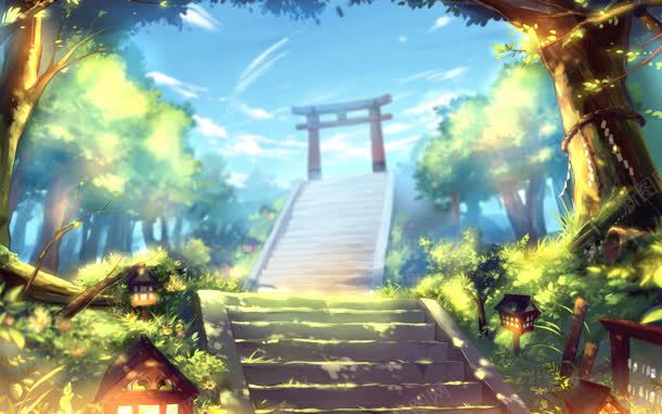 云山水神社自然风景动漫插画jpg设计背景_88icon https://88icon.com 插画 水神 自然 风景