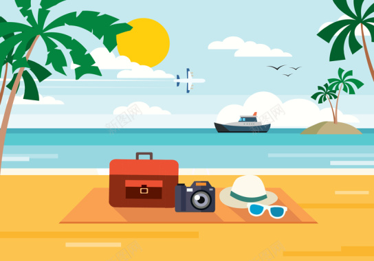 手绘夏日海滩旅游平面广告矢量图背景