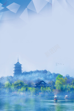 蓝色中国风杭州旅游西湖背景背景