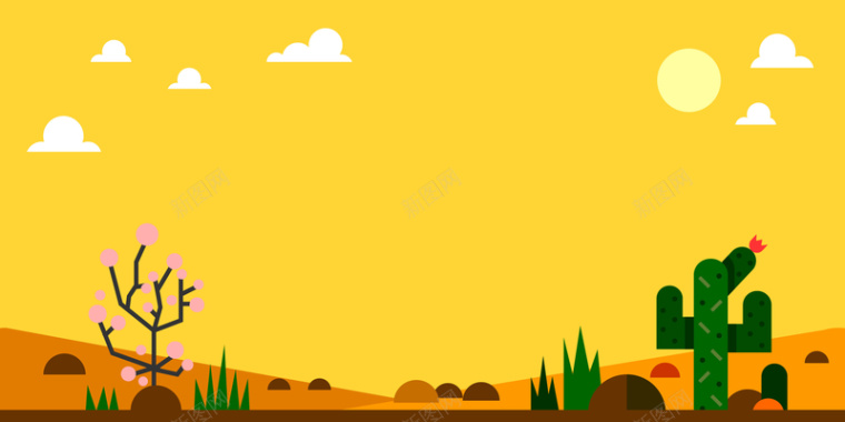 黄色背景手绘卡通沙漠平面广告矢量图背景