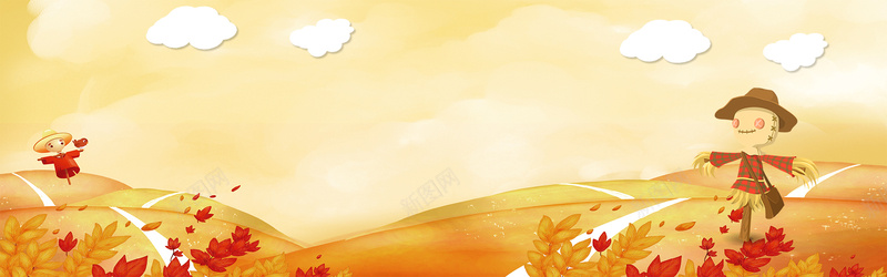 秋季丰收卡通稻田稻草人黄色bannerpsd设计背景_88icon https://88icon.com banner 丰收 卡通 白云 秋季 稻田 稻草人 童趣 简约 黄色
