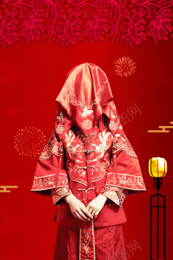 结婚季红色中国风新娘礼服定制喜庆海报背景