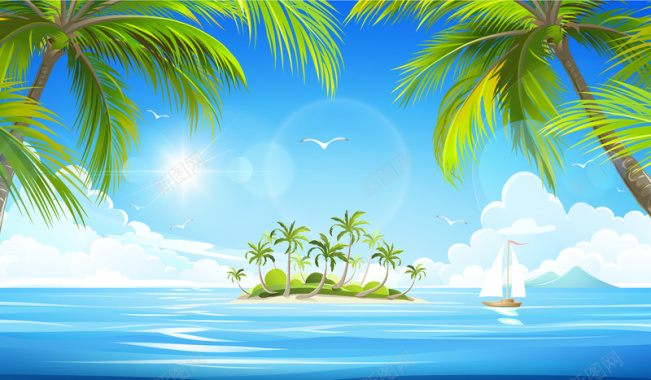 蓝天白云海水椰子树背景矢量图摄影图片