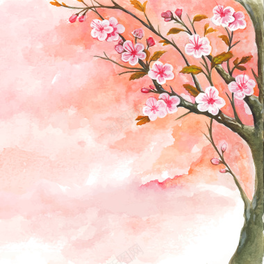 卡通水彩手绘樱花浪漫风景背景矢量图背景