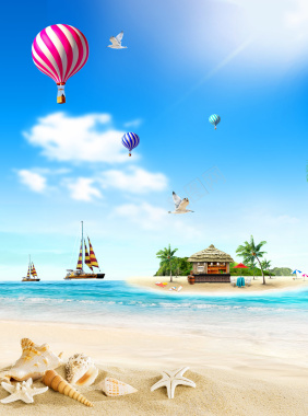 蓝天白云风景海滩沙滩气球岛屿背景背景