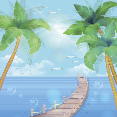 手绘夏日海滩风景旅游平面广告背景