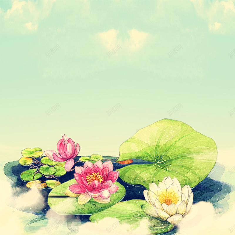 蓝色水彩手绘中国风荷花荷叶端午节主图背景psd设计背景_88icon https://88icon.com 中国风 主图背景 五月五 手绘 水彩 端午节 荷叶 荷花 蓝色背景