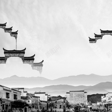 中国风水墨山水画古建筑大气黑白背景