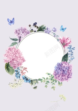 矢量紫色水彩手绘清新花朵圆框背景背景