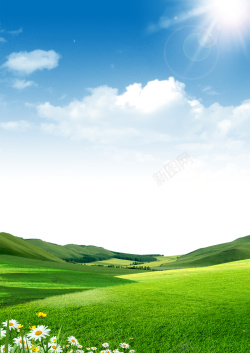 阳光下的绿色山坡和草地广告海报背景高清图片