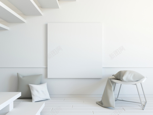 凳子枕头与墙上空白无框画背景背景