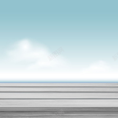 蓝色天空木板展台背景背景