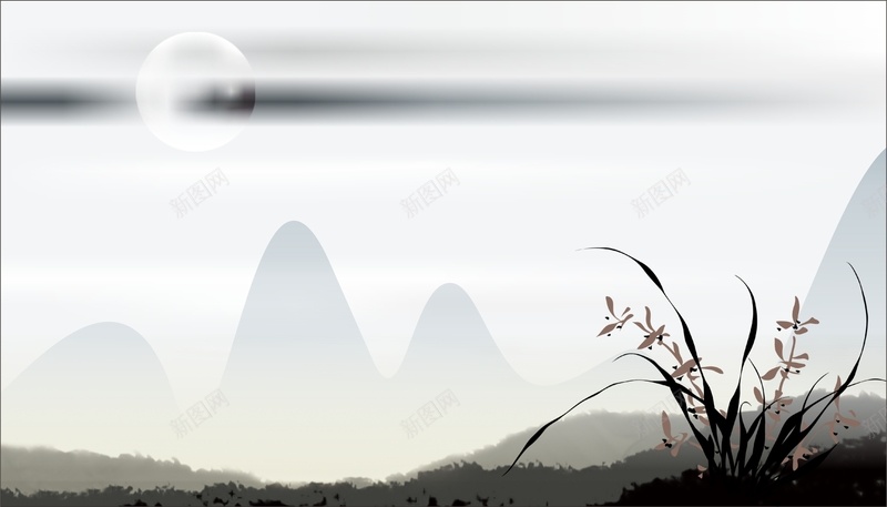 黑色中国风兰花背景cdr设计背景_88icon https://88icon.com 中国风 兰花 山峰 水墨 高山 黑色