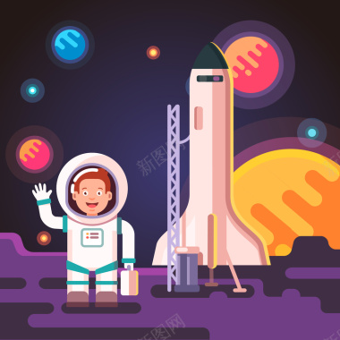 卡通宇航员与火箭矢量插画背景背景