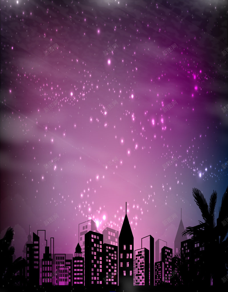 紫色天空下的城市H5背景矢量图ai设计背景_88icon https://88icon.com H5素材 光线 唯美 城市 夜晚 星空 椰子树 紫色天空 矢量图