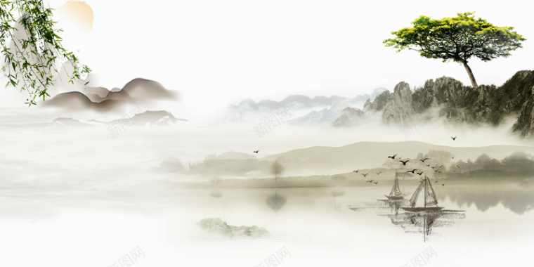 中国风水墨山水壁画海报背景背景