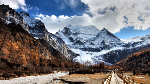 蓝天白云雪山树林jpg设计背景_88icon https://88icon.com 树林 白云 蓝天 雪山