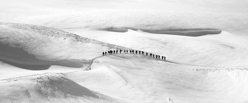 冬季白色山顶上游走的队伍背景