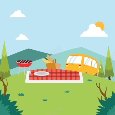 可爱卡通春季出游野餐露营海报背景矢量图背景