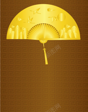 中国风金色回形纹底纹折扇仙鹤远山背景矢量图背景