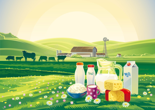 牛奶与农场景观海报矢量背景