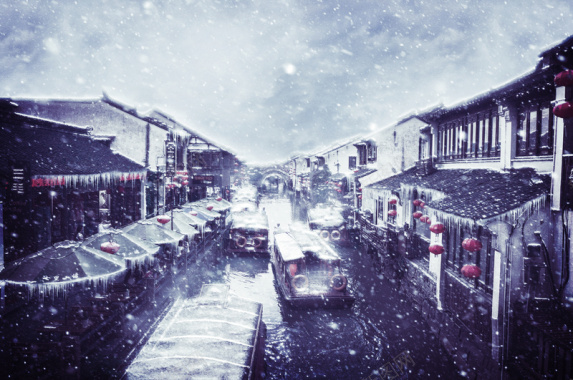 雪景场景苏州江南风景白色背景