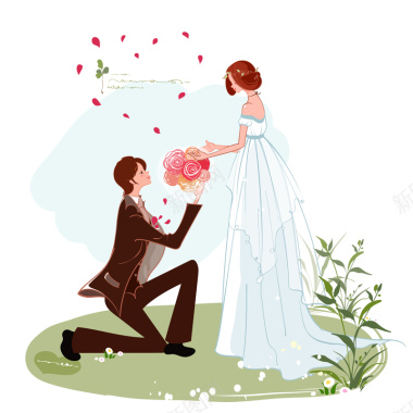 跪地向新娘献花的新郎矢量背景