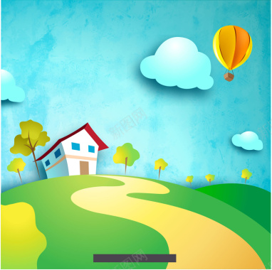 卡通房屋与热气球背景矢量图背景