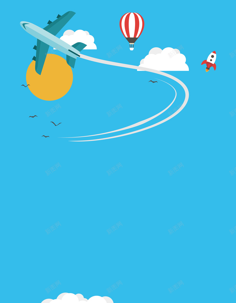 扁平化飞机飞上云端海报背景矢量图ai设计背景_88icon https://88icon.com 云朵 云端 卡通 可爱 开心 扁平化 插画 海报 火箭 热气球 矢量 矢量图 素材 背景 蓝天 飞机 飞机轨迹 飞行轨迹