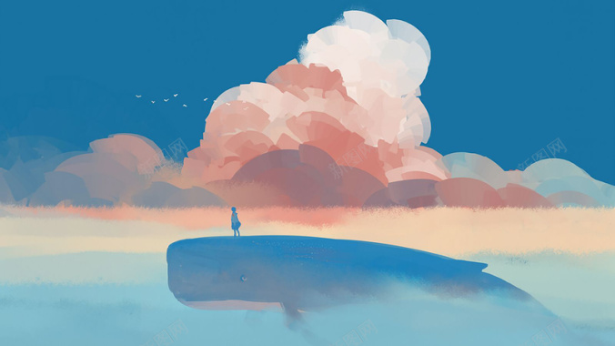 鲸鱼动漫天空云朵蓝色背景背景