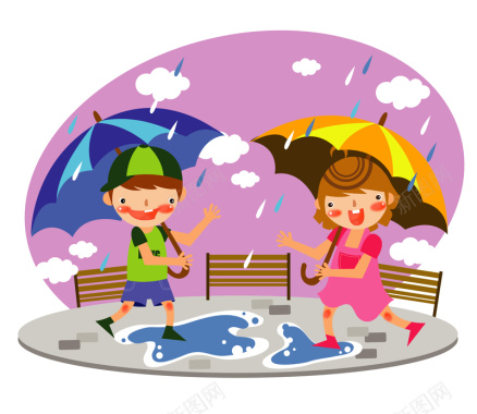手绘卡通儿童下雨打伞背景矢量图背景