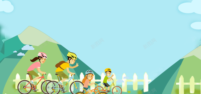 卡通骑着单车五一出游季banner背景背景