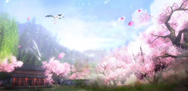卡通中国风粉色花海庭院海报背景背景