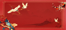 国潮插画国潮红色仙鹤花鸟背景高清图片
