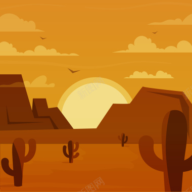 西部沙漠卡通夕阳背景矢量图背景