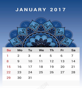 古典花纹2017年1月日历矢量图背景
