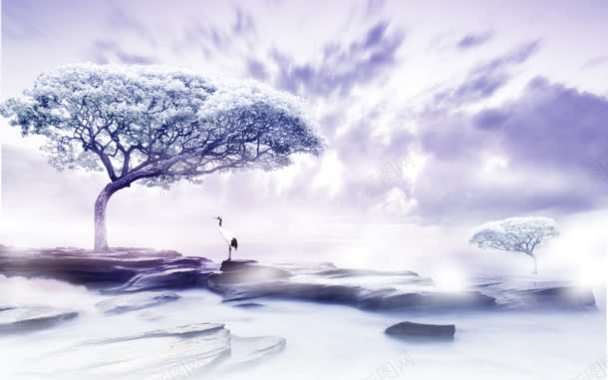 冬季梦境紫色大树仙鹤海报背景背景