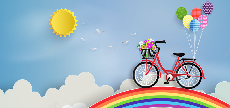 淘宝矢量卡通彩虹单车气球太阳白云花朵海报背景