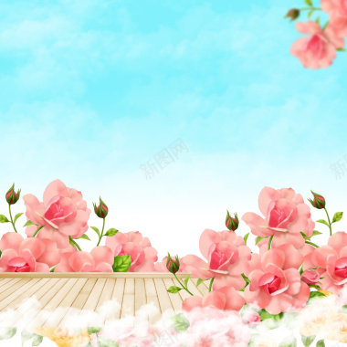 蓝天白云粉色玫瑰花丛地板唯美背景背景