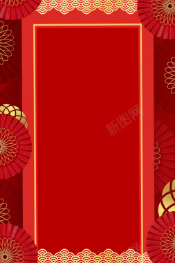 红色扇子简约边框中国风春节海报背景