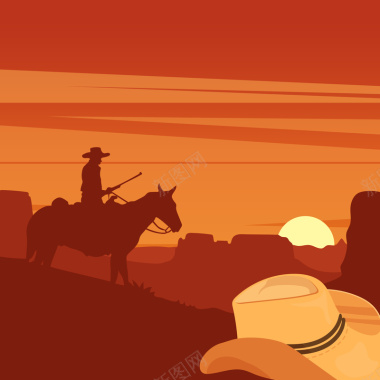 西部沙漠卡通剪影牛仔背景矢量图背景